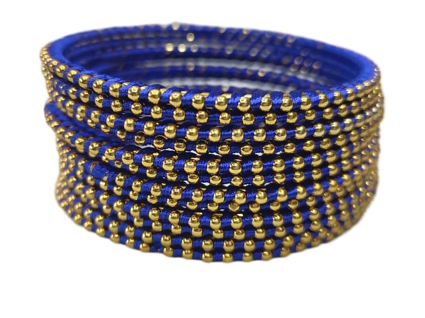 Blue Silk Thread Bangle Set with Golden Beads view 4