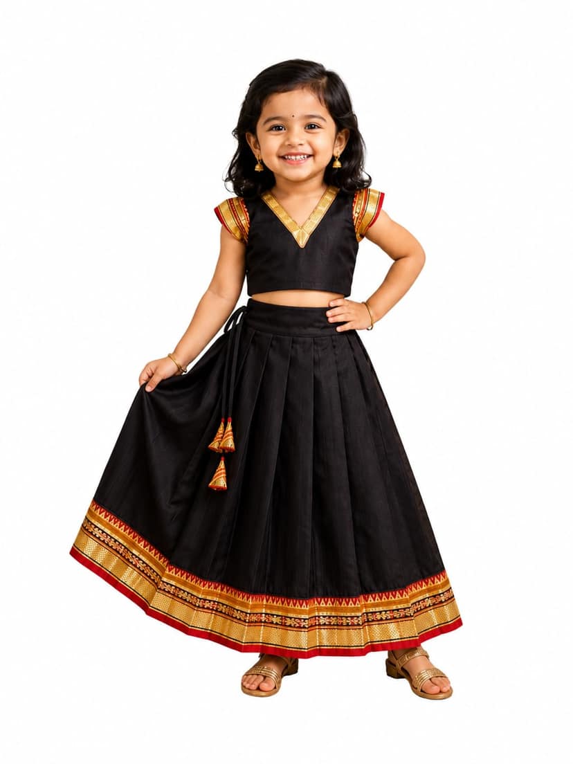 Mom and Me Girls’ Lehenga Choli/Parker Polka/Pattu Pavadai (0 Months–6 Years) | Acrylic Cotton with Soft Cotton Lining | V-Neck, Short Puff Sleeves, Zipper Closure (Black, 18-24 M)