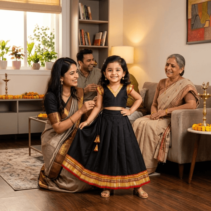 Mom and Me Girls’ Lehenga Choli/Parker Polka/Pattu Pavadai (0 Months–6 Years) | Acrylic Cotton with Soft Cotton Lining | V-Neck, Short Puff Sleeves, Zipper Closure (Black, 18-24 M) view 3