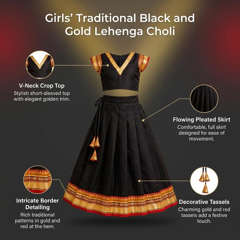 Mom and Me Girls’ Lehenga Choli/Parker Polka/Pattu Pavadai (0 Months–6 Years) | Acrylic Cotton with Soft Cotton Lining | V-Neck, Short Puff Sleeves, Zipper Closure (Black, 18-24 M) view 4