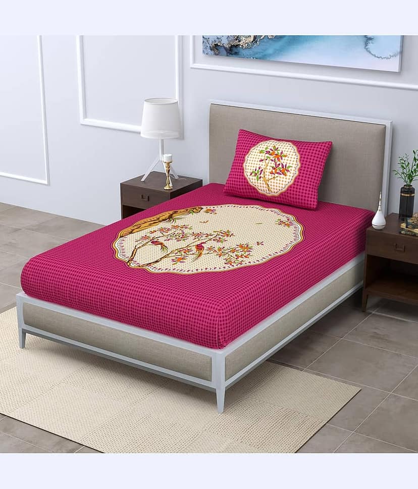 ABHACLOTHO Cotton 1 Single Bedsheet with 1 Pillow Cover ( Pink )