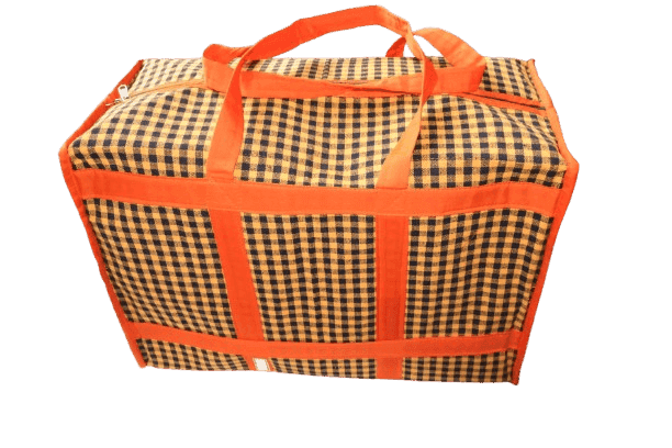 Large Yellow & Black Checkered Travel Bag with Heavy-Duty Orange Straps – Durable Zip Closure, Extra Spacious Utility & Storage Bag