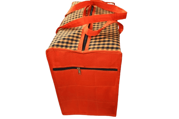 Large Yellow & Black Checkered Travel Bag with Heavy-Duty Orange Straps – Durable Zip Closure, Extra Spacious Utility & Storage Bag view 3