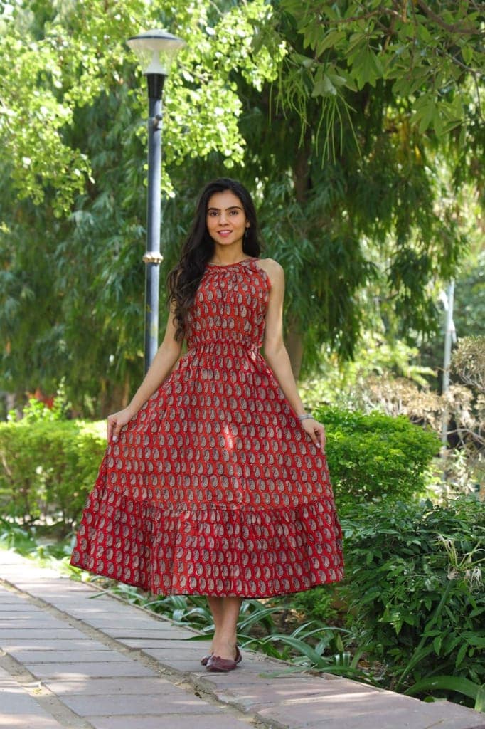Pure Cotton Halter Neck Midi Red Dress Hand Block Printed (Size: 38-46)-4995 view 2