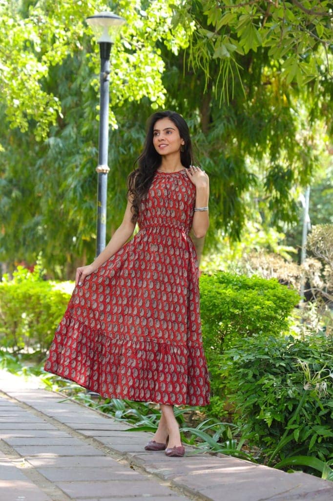 Pure Cotton Halter Neck Midi Red Dress Hand Block Printed (Size: 38-46)-4995 view 4