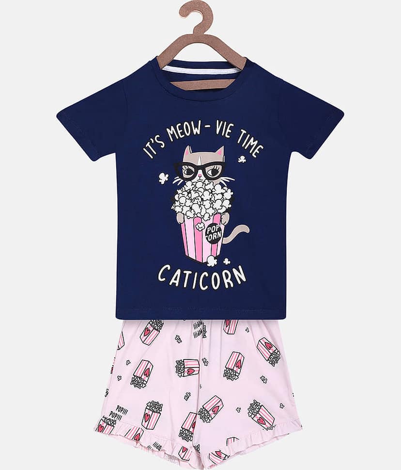 Lazy Shark Pack of 1 Girls Cotton Blend T-shirt With Shorts ( Navy Blue )