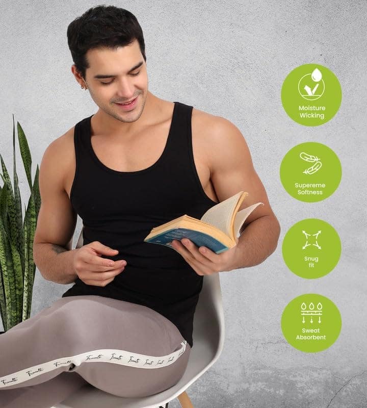 Freecultr Cotton Vest for Men Sleeveless Lightweight Solid Round Neck Comfort Vests Breathable & Comfortable Innerwear Sando for Man Regular Fit Pack of 1-Black view 3