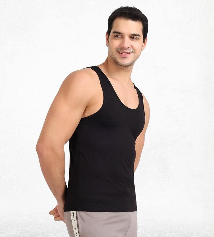 Freecultr Cotton Vest for Men Sleeveless Lightweight Solid Round Neck Comfort Vests Breathable & Comfortable Innerwear Sando for Man Regular Fit Pack of 1-Black view 8