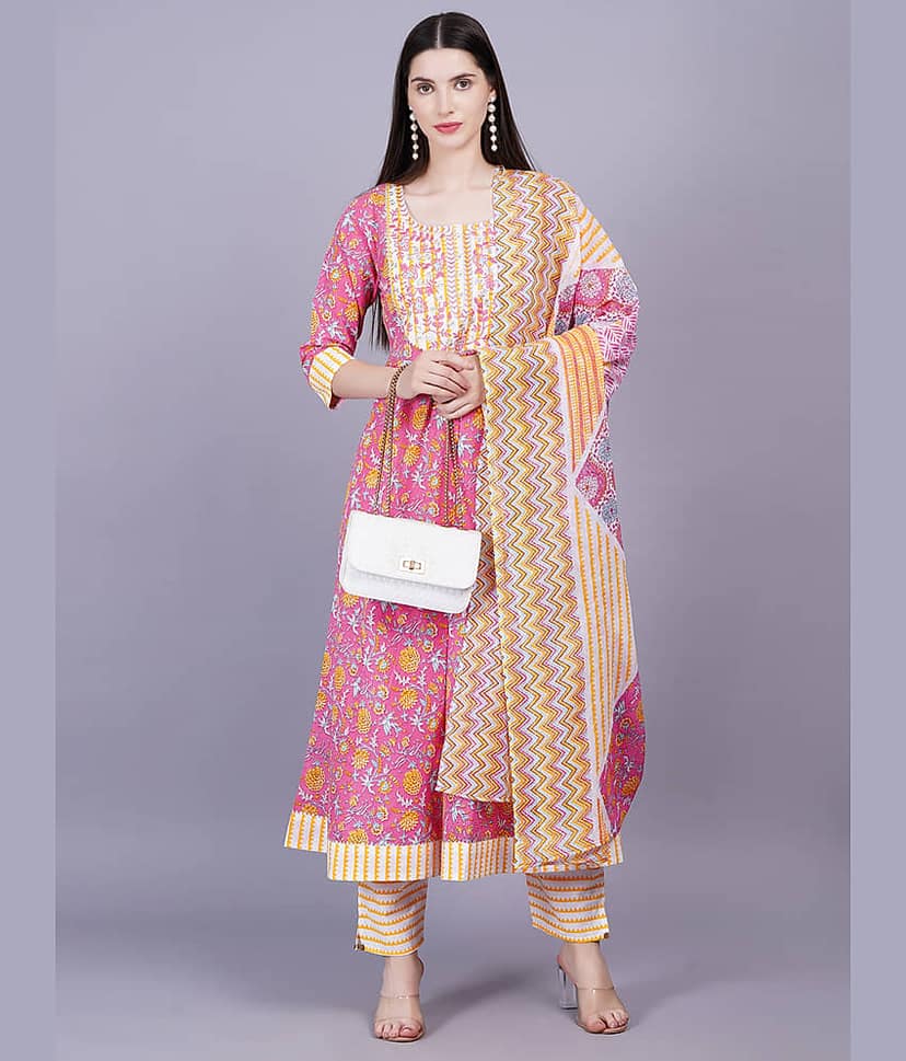JC4U Cotton Printed Kurti With Pants Women's Stitched Salwar Suit - Pink ( Pack of 1 )