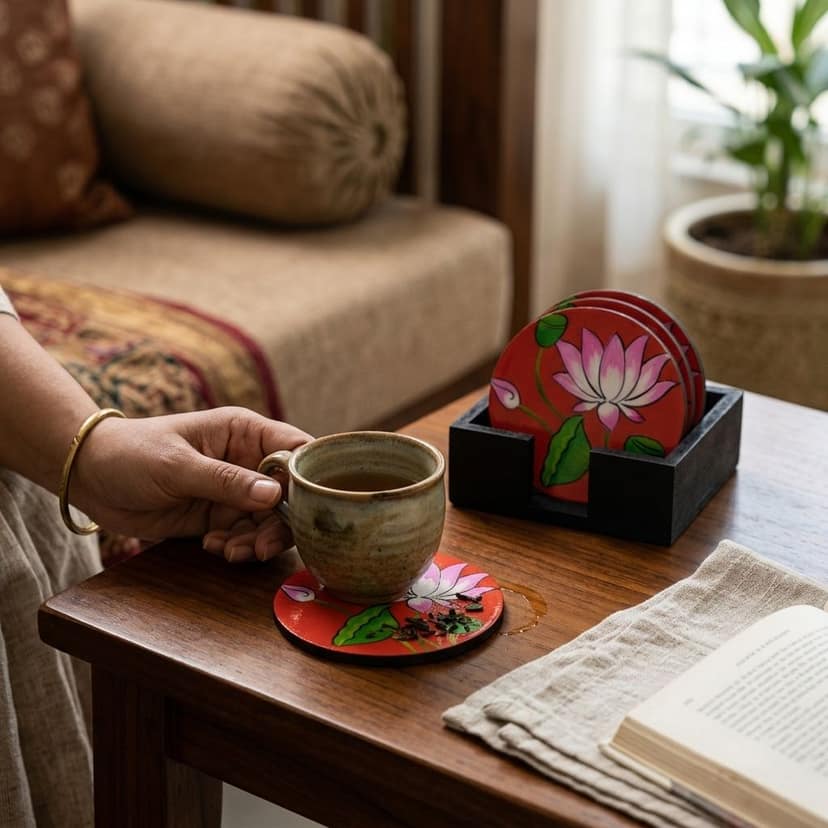 Hand Painted Wooden Pichwai Art Round Shape Red Color Set of 4 Coasters With Resin Layer view 2