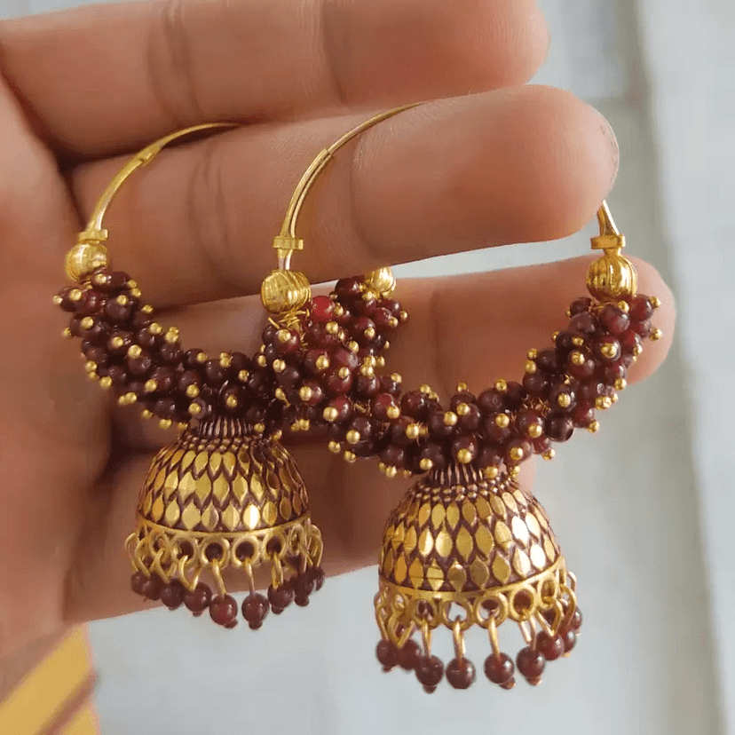 Bollywood style ethnic Maroon Color Oxidized Hoop Jhumka Earrings for Women Alloy Jhumki Earring, Drops & Danglers, Chandbali Earring, Earring Set view 2