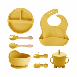 Kids Station 8-Piece Silicone Baby Feeding Set | Suction Bowl, Plate, Bib, Cup, Spoon & Fork | 100% Food Grade BPA-Free Silicone | Non-Slip, Easy to Clean (Pack of 8, Yellow) Kids Station 8-Piece Silicone Baby Feeding Set | Suction Bowl, Plate, Bib, Cup,