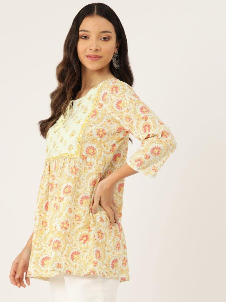Floral Printed Mirror Work Pure Cotton Mirror Work Pleated Kurti view 2
