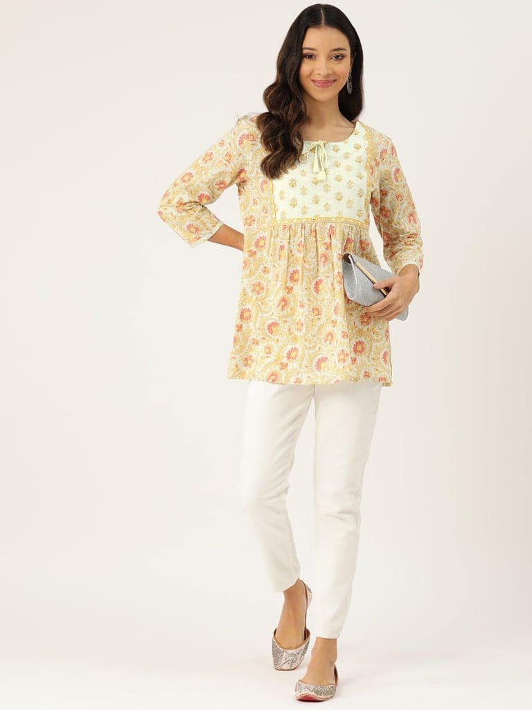 Floral Printed Mirror Work Pure Cotton Mirror Work Pleated Kurti view 4