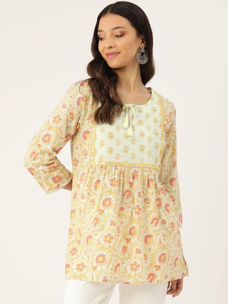 Floral Printed Mirror Work Pure Cotton Mirror Work Pleated Kurti view 6