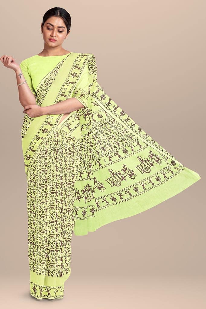 Light Green Warli Motif Chhipa Hand Block Print Malmal Cotton Saree SKU-AS10067 view 2