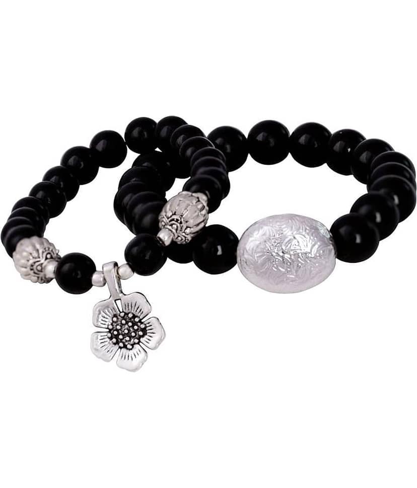 Black Onyx Stone with Silver Flower Charm and Black Onyx Stone with Silver Bead Handmade Stretchable Couple Bracelet