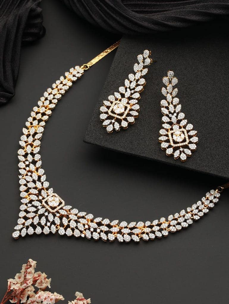 Gold Toned White CZ Studded designer Jewellery Set view 2