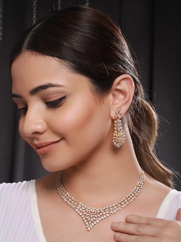 Gold Toned White CZ Studded designer Jewellery Set view 3