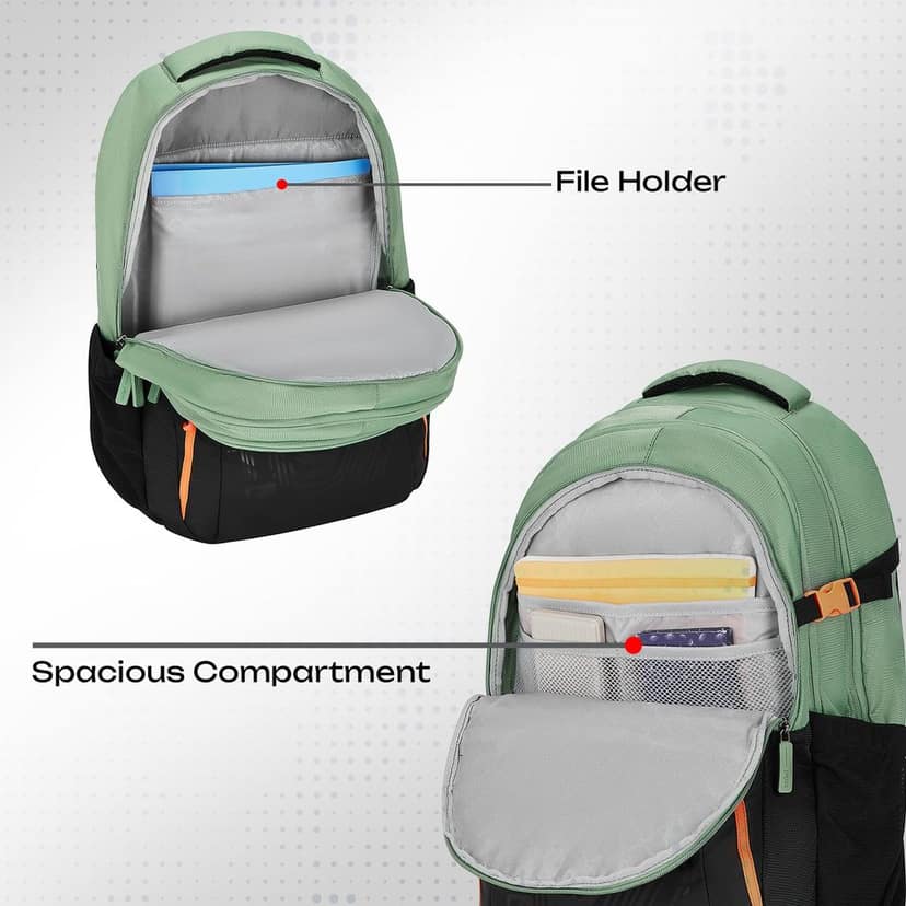 Verge 2 37L Casual Printed Backpack, School Bag for Boys and Girls, Travel Bag for Men and Women, 3 Compartments, Raincover, Armour Base, Organiser, Bottle Holder, Front Pocket, Sage view 2