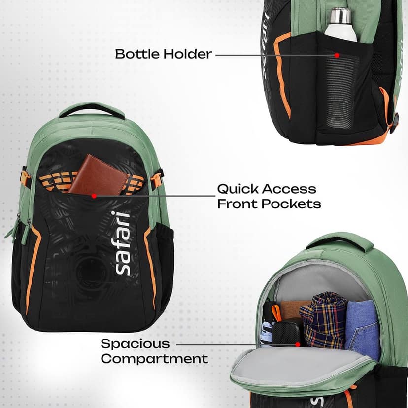 Verge 2 37L Casual Printed Backpack, School Bag for Boys and Girls, Travel Bag for Men and Women, 3 Compartments, Raincover, Armour Base, Organiser, Bottle Holder, Front Pocket, Sage view 3