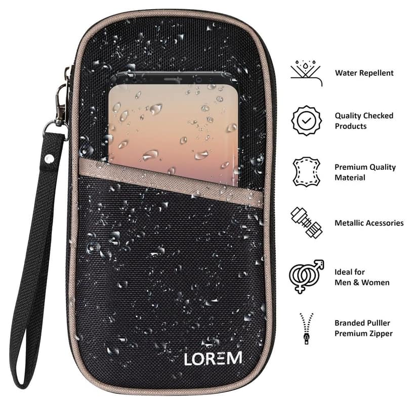 LOREM Travel Document Organizer, Passport Holder with Card Slots, Water Repellent, Black & Grey view 3