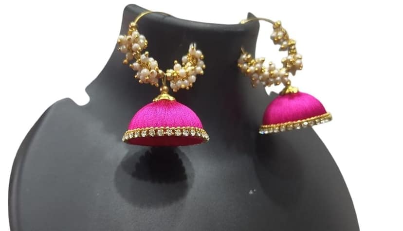Buy Online Pink Color Silk Thread Jhumka Earrings With Pearls For Women view 2