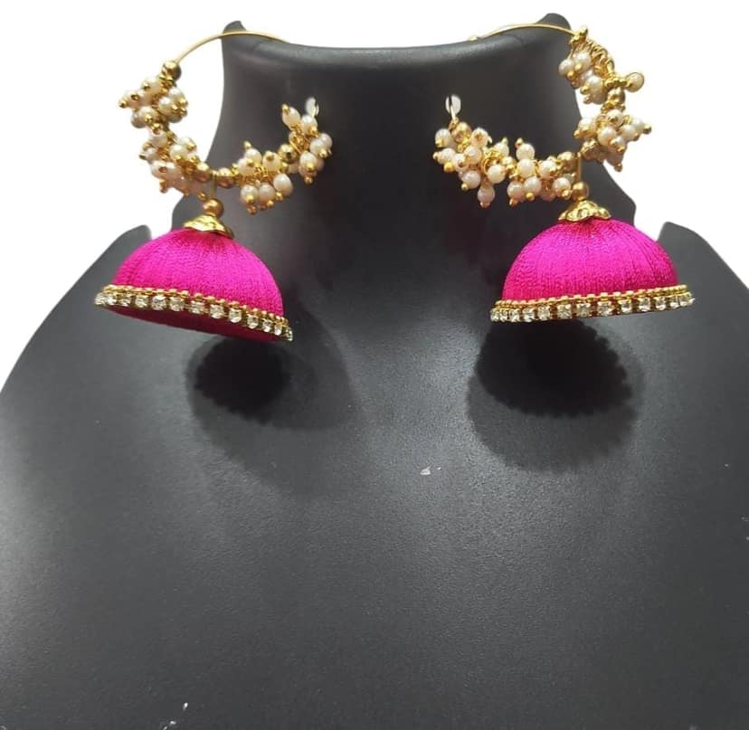 Buy Online Pink Color Silk Thread Jhumka Earrings With Pearls For Women view 3