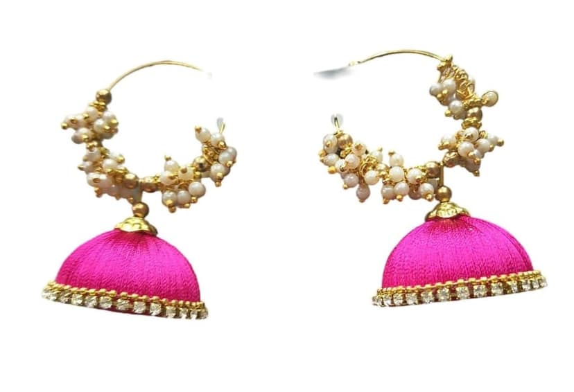 Buy Online Pink Color Silk Thread Jhumka Earrings With Pearls For Women view 4