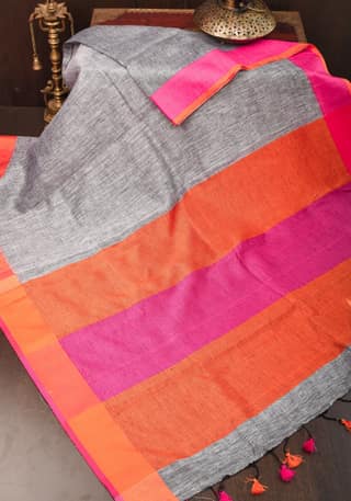 Linen by Linen Saree in Gray with Ganga Jamuna Borders