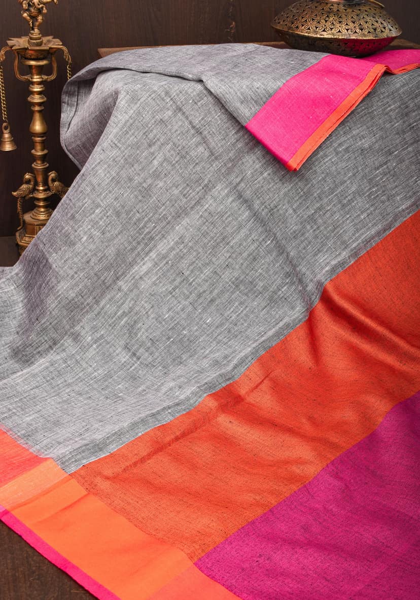 Linen by Linen Saree in Gray with Ganga Jamuna Borders view 2