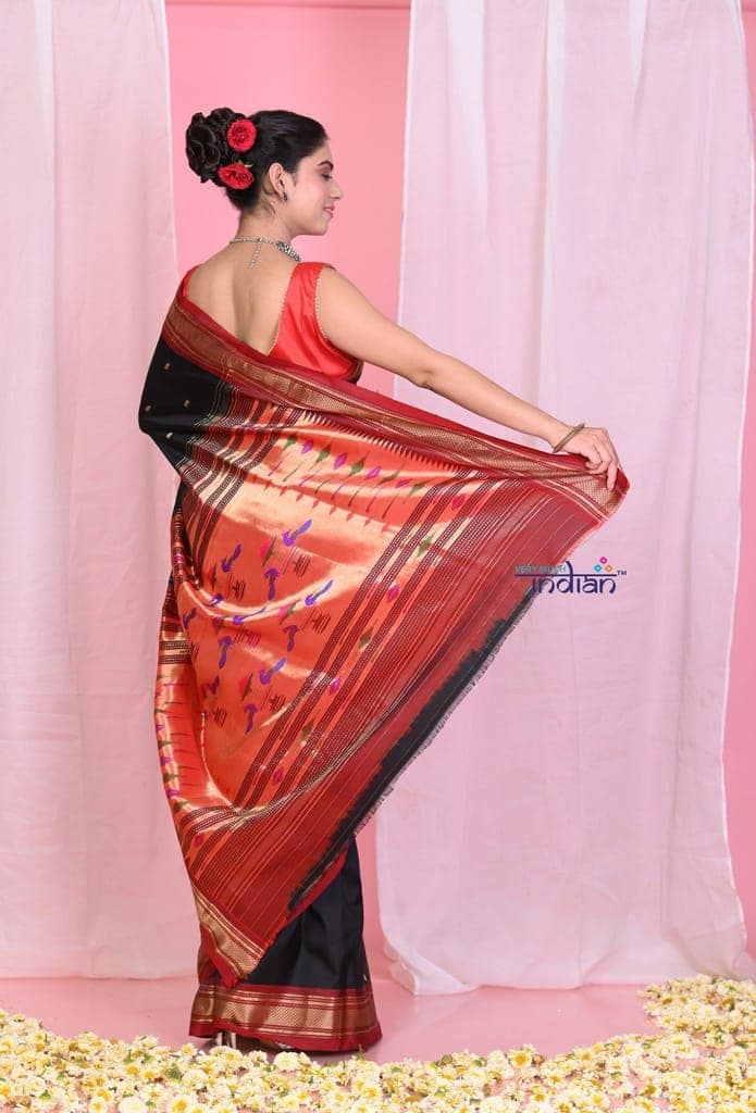 Pehal~Traditional Black Pure Silk Paithani with Red Border & Traditional Double Pallu view 4