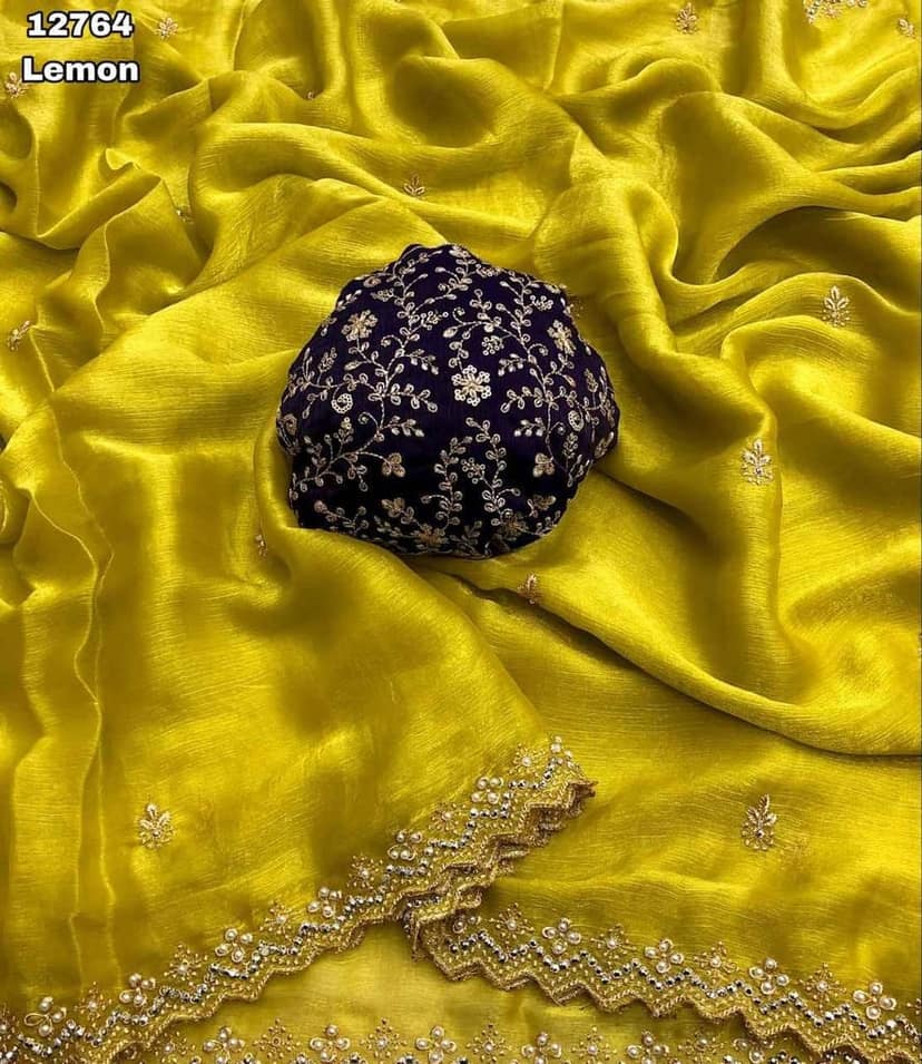 Lemon Yellow Saree with Embroidered Blouse view 3
