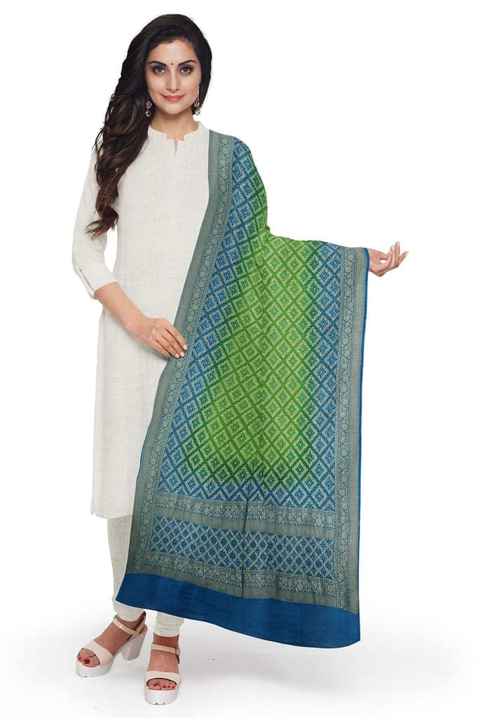 Garvi Gurjari (A Gujarat Govt Enterprise Parrot Green and Sky Blue Georgette Handwoven Neemzari Bandhani Dupatta(GGCGBD10) view 2