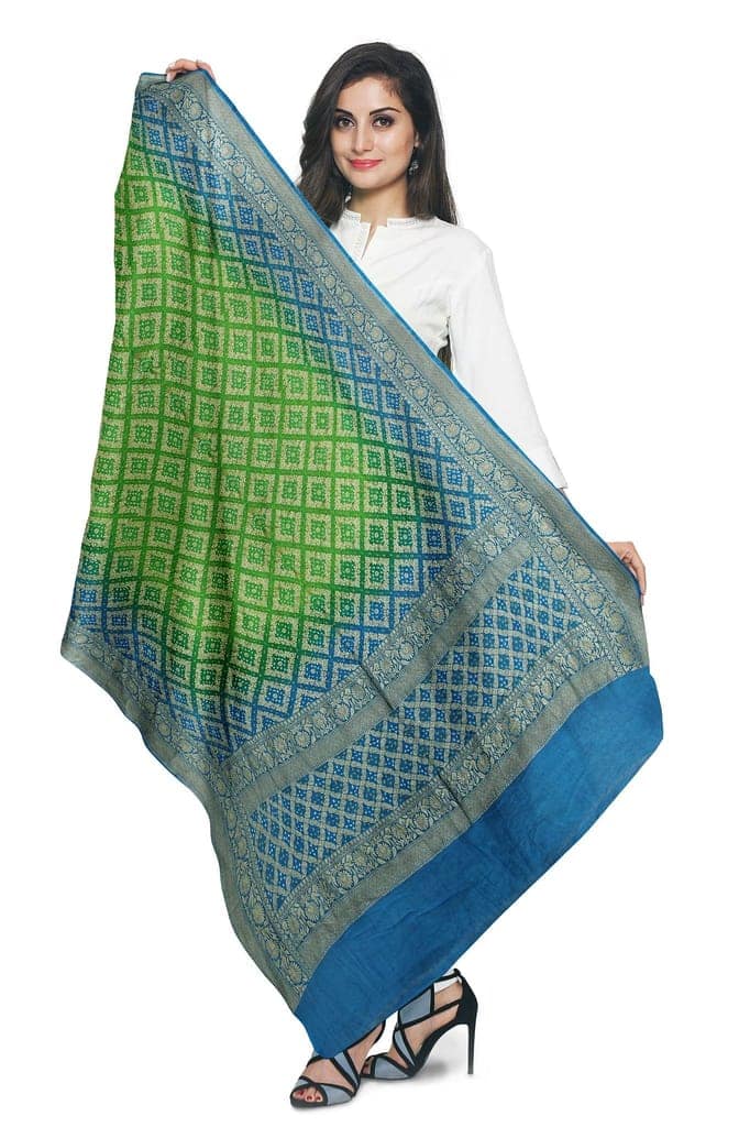 Garvi Gurjari (A Gujarat Govt Enterprise Parrot Green and Sky Blue Georgette Handwoven Neemzari Bandhani Dupatta(GGCGBD10) view 4