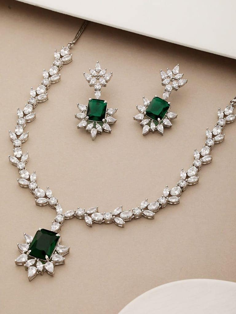 Silver Plated Green AD Studded Floral Necklace view 2