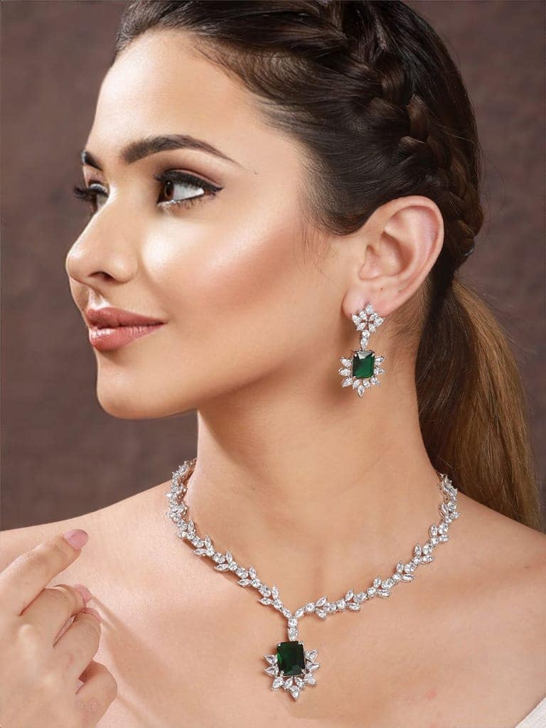 Silver Plated Green AD Studded Floral Necklace view 3