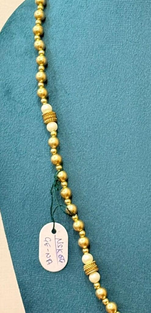 single strand golden beads necklace with white pearl contrast accents view 2