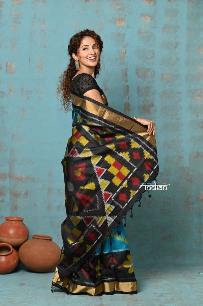 Anokhi ~ Handloom Pure Soft Silk Saree Ikkat weave with golden border ~ Dream Blue & Black (Limited Edition) view 3