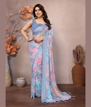 BLEESBURY Chiffon Printed Saree With Unstitched Blouse Piece ( Peach )