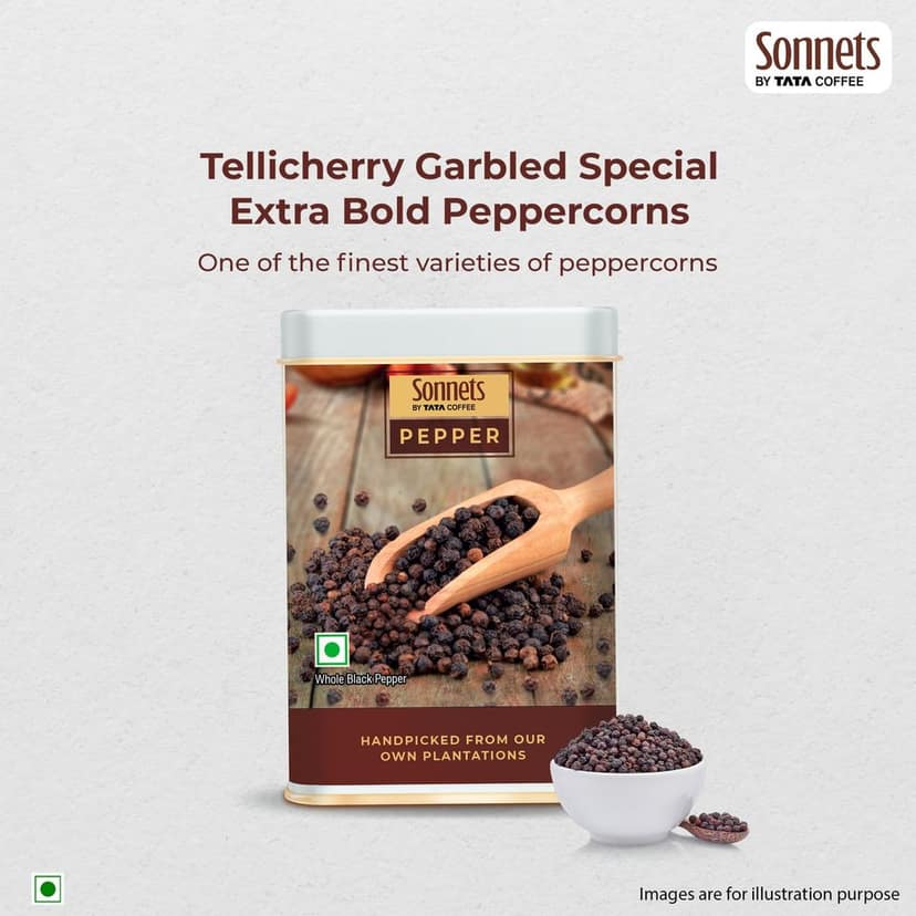 Sonnets by Tata Coffee, Whole Black Pepper, 100g, Sustainably Cultivated Tellicherry Garbled Special Extra Bold (TGSEB) Pepper, Aromatic & Flavourful Peppercorns view 5
