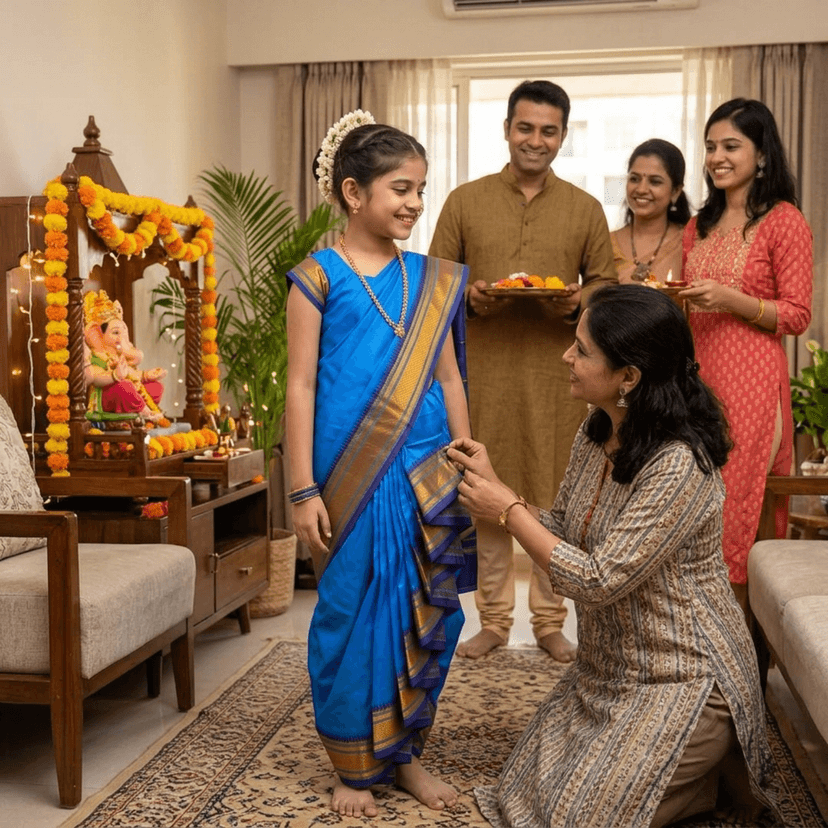 luster Shahi Mastani Nauvari saree for kids/girls Ready-to-wear with a stitched blouse, Traditional Maharashtrian Marathi saree, for School program ganpati pujas festival (Sky Blue, 14-15 Years) view 3