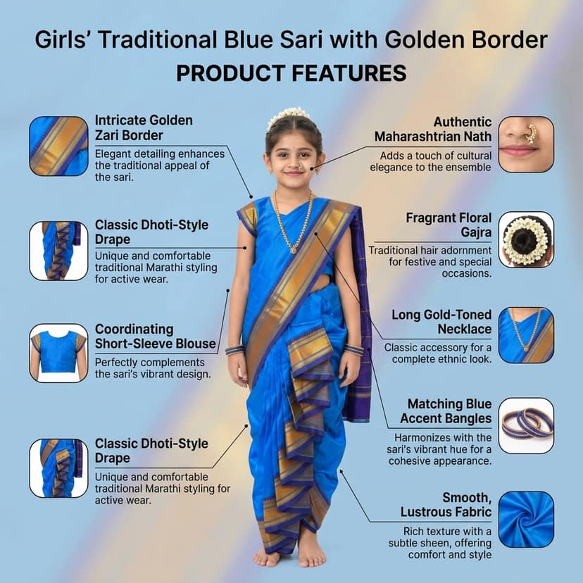 luster Shahi Mastani Nauvari saree for kids/girls Ready-to-wear with a stitched blouse, Traditional Maharashtrian Marathi saree, for School program ganpati pujas festival (Sky Blue, 14-15 Years) view 4