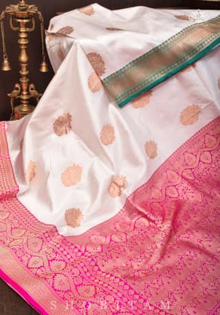 Banarasi Katan Silk Saree in Off White with Ganga Jamuna Borders | SILK MARK CERTIFIED