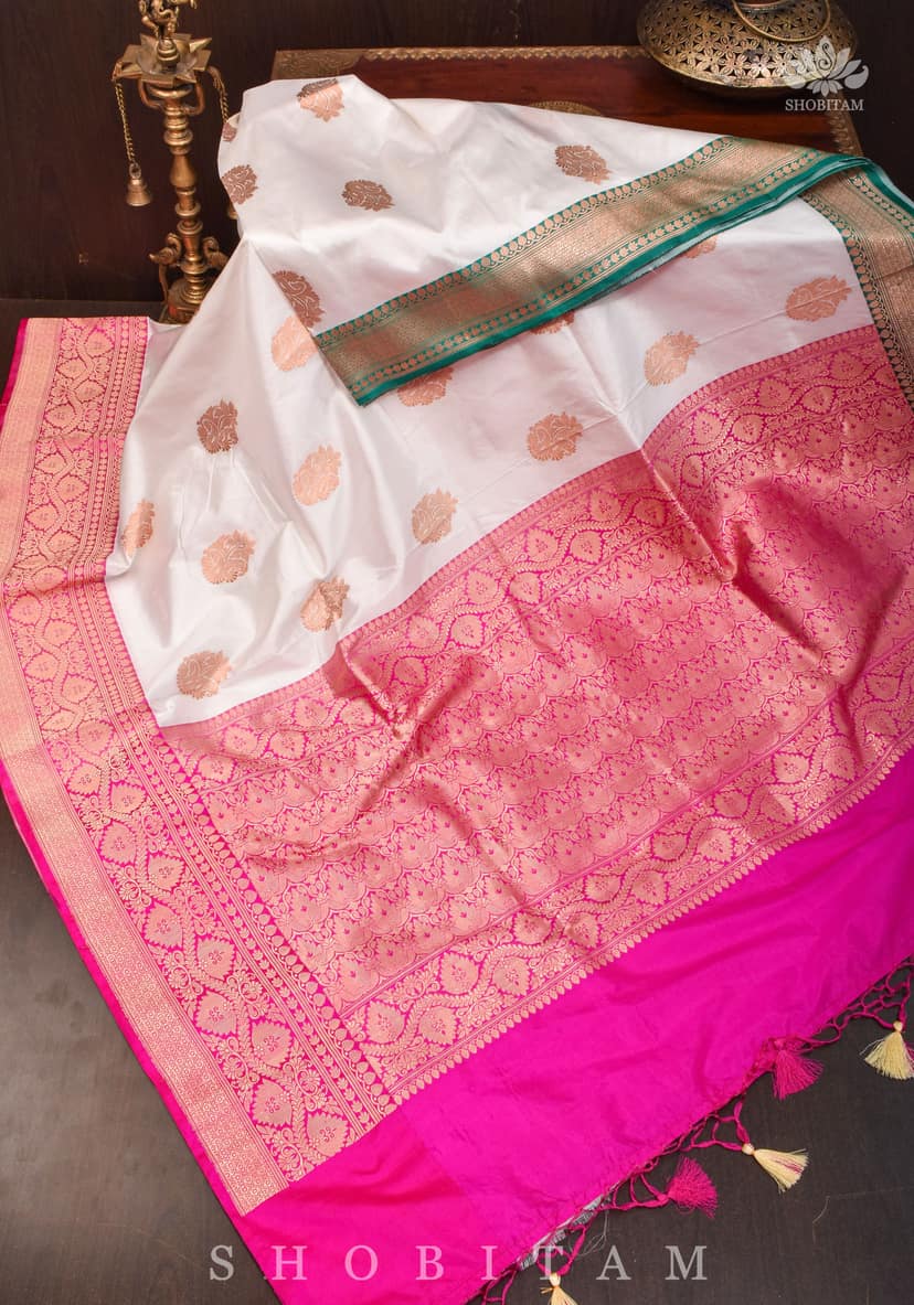 Banarasi Katan Silk Saree in Off White with Ganga Jamuna Borders | SILK MARK CERTIFIED view 2