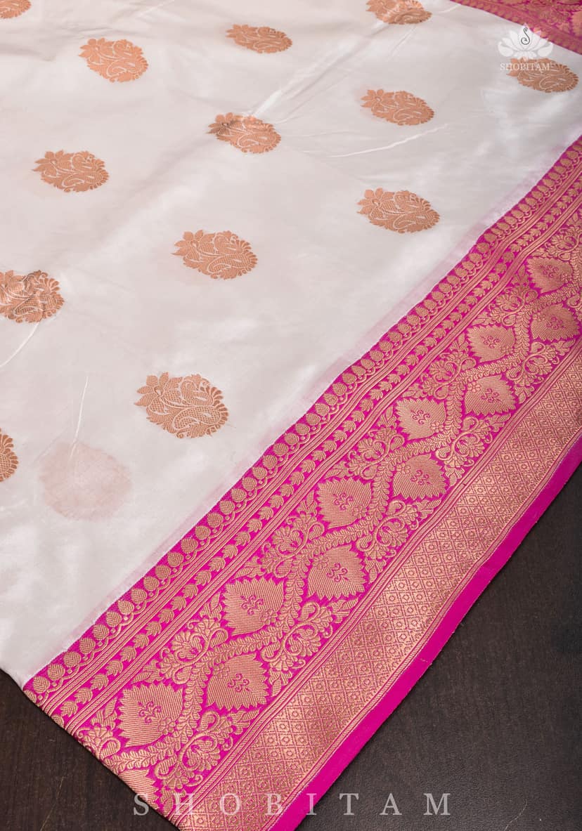 Banarasi Katan Silk Saree in Off White with Ganga Jamuna Borders | SILK MARK CERTIFIED view 3