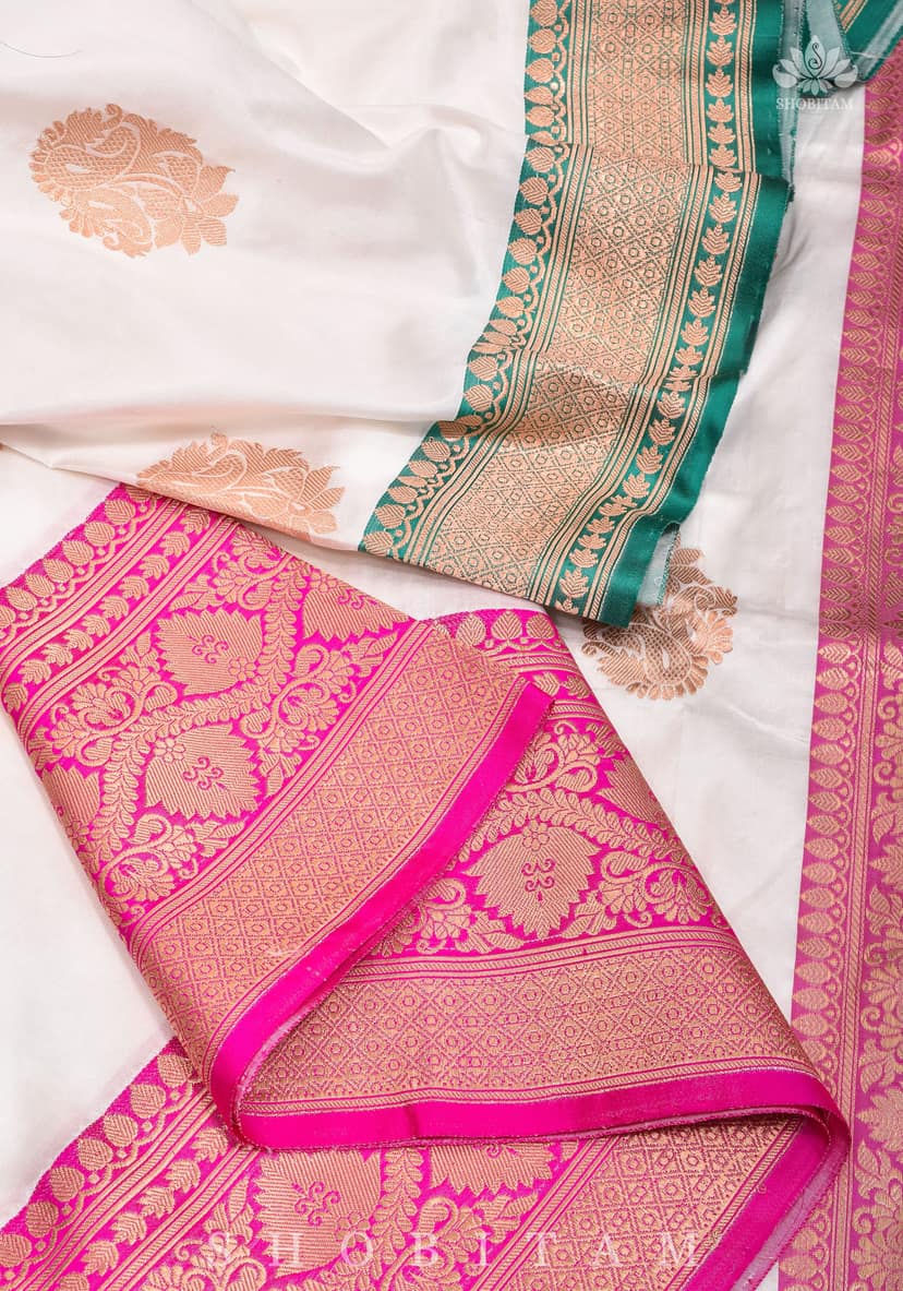 Banarasi Katan Silk Saree in Off White with Ganga Jamuna Borders | SILK MARK CERTIFIED view 4