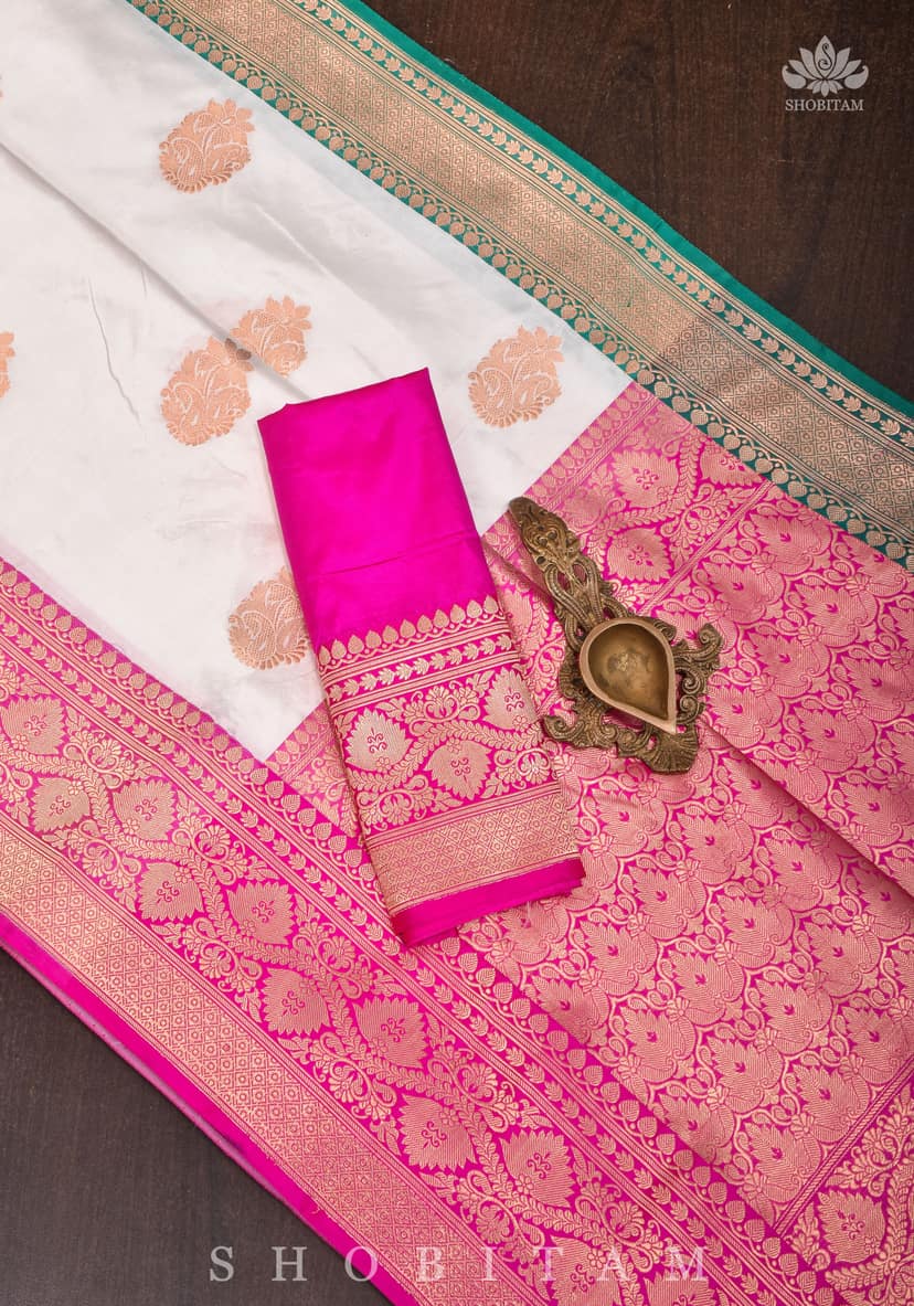Banarasi Katan Silk Saree in Off White with Ganga Jamuna Borders | SILK MARK CERTIFIED view 9