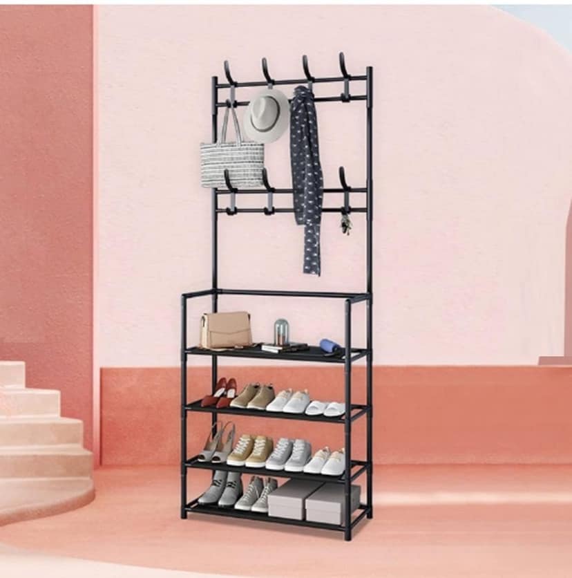 Entryway Coat Rack with Shoe Storage - Metal Frame Organizer_assorted colour view 2