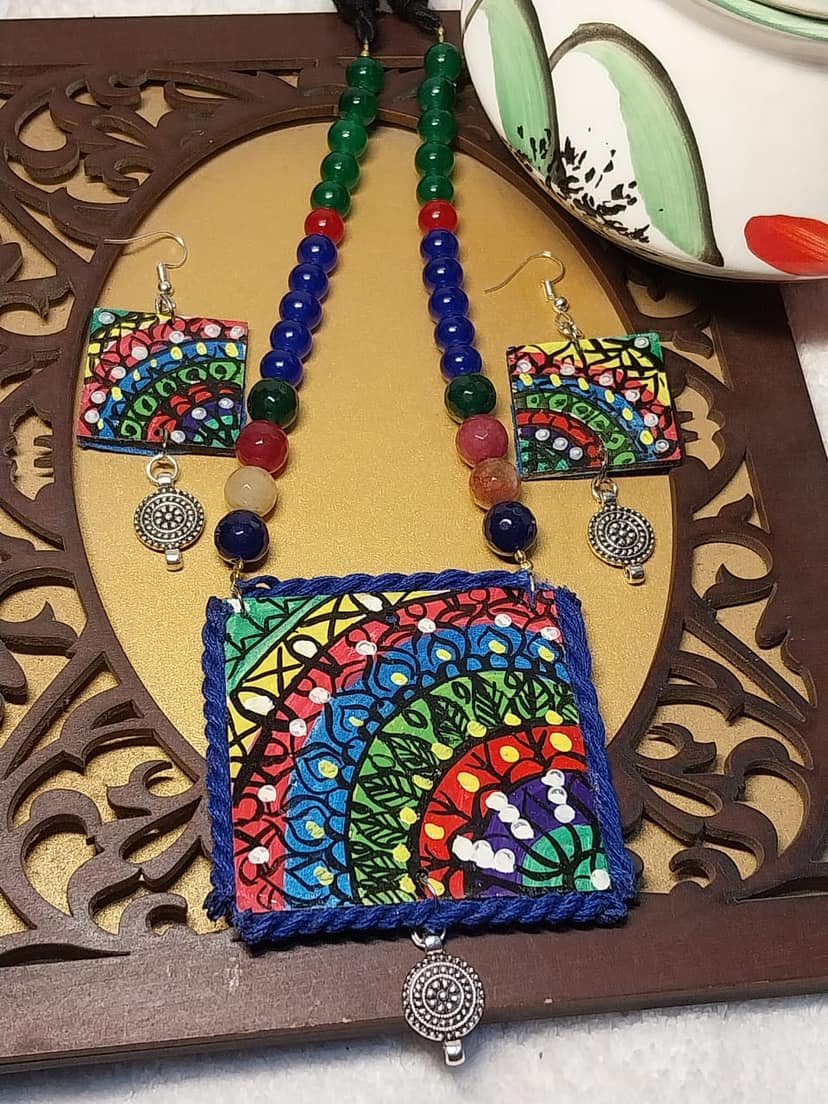 Handmade Handpainted Necklace with Glass Bead Mala, On Wooden Base Including Hanging Earrings